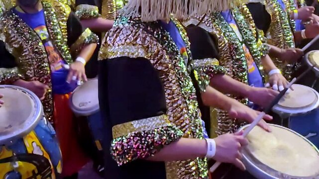 Montevideo, February 7 2026: Candombe percussion drummers in the street during the famous desfile de llamadas carnival parade celebration in Montevideo city, Uruguay.