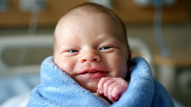 Newborn baby smiling while wrapped in a blue blanket. Close-up of an infant in a hospital maternity ward. New life and family concept