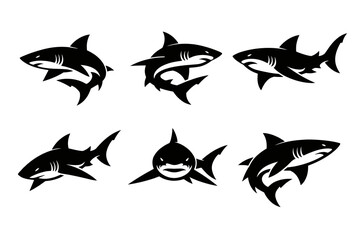 Obraz premium Collection of Shark Silhouettes in Various Poses Vector Set Black and White