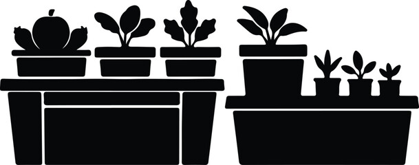 silhouette collection potted plants on shelves and stands vector design © Tamjida Alam