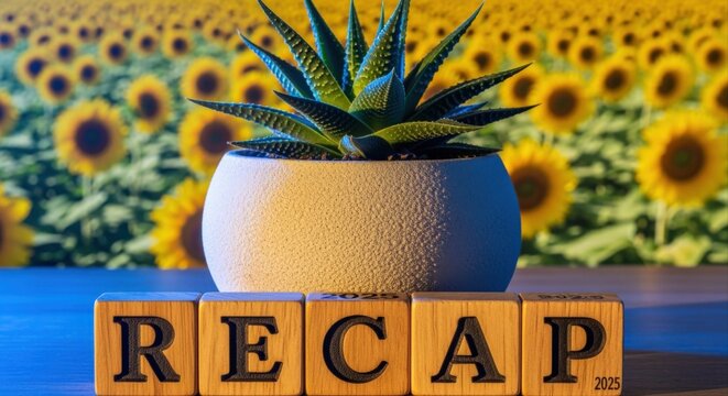 Recap concept with succulent plant and sunflowers in background representing summarization and new beginnings