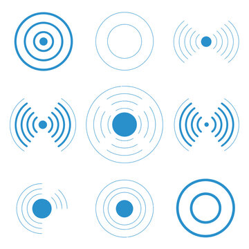 Blue radar, sonar, radio waves, and signal icons, radar signal wave icons in various circular and radiating styles, internet connection and radiation symbols for top ranked connectivity visual