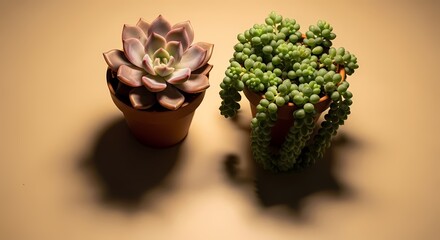 Potted Echeveria and Burro's Tail Succulents with Shadows on Beige