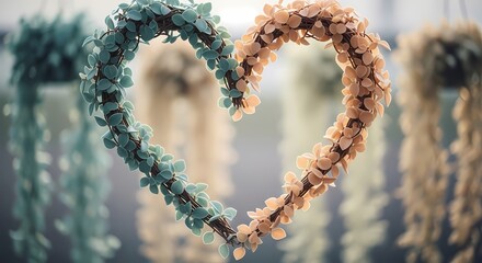 Romantic Heart-Shaped Wreath with Teal and Peach Leaves in Soft Bokeh