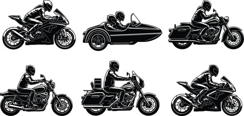 Motorcycle silhouettes collection with sport bike, cruiser and sidecar rider isolated on white background vector illustration set © MstMorshida