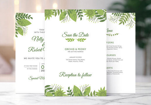 Greenery Wedding Invitation Template Set with Floral Botanical Leaves
