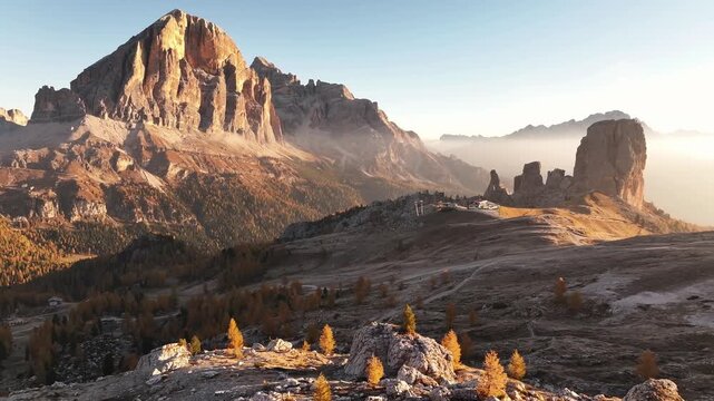 Beautiful sunlight. Five towers Cinque Torri mountains majestic landscape of nature in Italy.