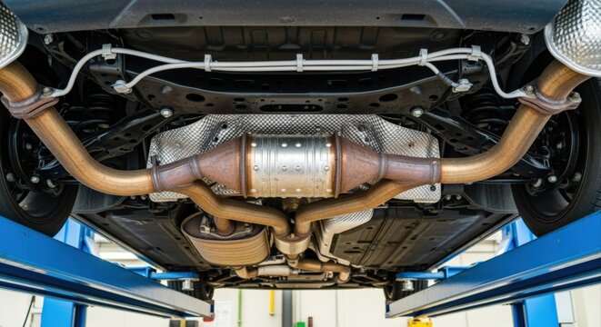 Automotive Exhaust System Repair: Catalytic Converter and Muffler Inspection on Vehicle Lift for Maintenance