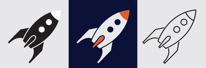Space icon. Minimal Rocket Icons in Three Visual Styles. Simple rocket illustrations in solid, inverted and outline versions, representing startup launch, innovation and modern branding concepts. © KD Vector Studio