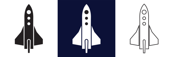 Space icon. Minimal Rocket Icons in Three Visual Styles. Simple rocket illustrations in solid, inverted and outline versions, representing startup launch, innovation and modern branding concepts. © KD Vector Studio