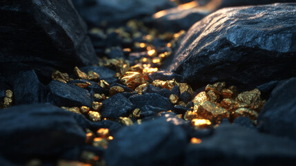 Fototapeta premium Golden nuggets scattered among dark rocks in natural setting