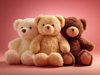 Obraz premium Three Adorable Teddy Bears of Different Colors Sitting Together on a Pink Background for Various Celebrations
