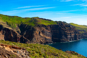 Fototapeta premium High volcanic sea cliffs at Sao Lourenco.