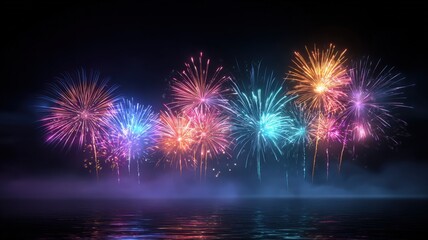 Vibrant Fireworks Display Over Water Reflecting Lights in a Night Sky Celebration Scene