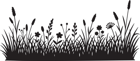 Natural grass and flowers silhouette design featuring delicate meadow plants, botanical stems, and floral elements in a clean black style
