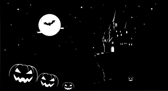 Spooky Halloween Night Banner with Haunted Castle, Full Moon and Pumpkins Vector Set