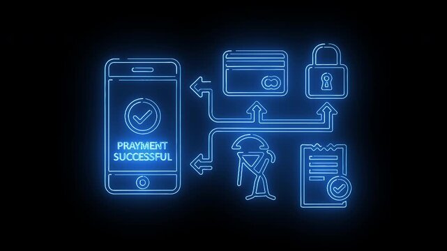 Neon blue illustration of a successful payment process on a smartphone with icons for security, credit card, and document verification on a black background.