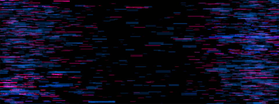 Purple game glitch effect. Abstract tv filter with pixel noise for static screen. Fast speed line with grain and flicker background. Error television and bug design in blue and pink. Tech vhs monitor.