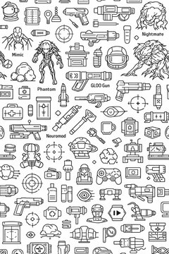 Gaming and sci fi outline icons seamless pattern with weapons, characters, gadgets and targets. Monochrome line art background for game design.