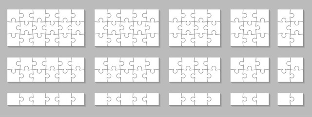 Jigsaw puzzle piece collection in different sizes. Set of 15 template with outline for game, infographic, educational design. Vector jigsaw picture texture. Puzzle grid business chain editable stroke