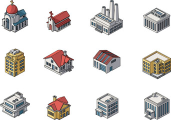 Naklejka premium Isometric buildings collection including church house factory offices residential commercial architecture urban property illustration design set concept assets