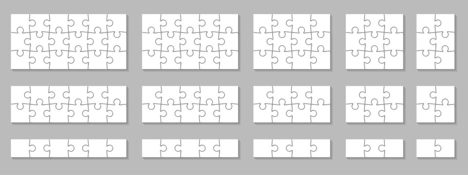 Jigsaw puzzle piece collection in different sizes. Set of 15 template with outline for game, infographic, educational design. Vector jigsaw picture texture. Puzzle grid business chain editable stroke