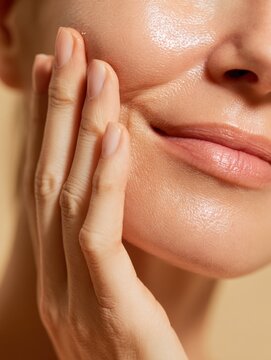 Close-up of Radiant Skin with Gentle Touch, Promoting Hydration and Skincare for Healthy Aging