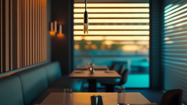 Modern restaurant interior featuring sleek wooden panels, comfortable booth seating, and a table set with glasses, creating an inviting and luxurious dining atmosphere