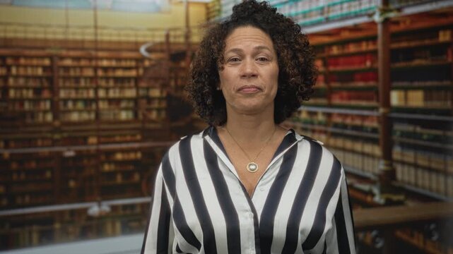 Woman with curly hair wearing striped shirt finger pointing to temple in library surrounded by wooden bookshelves; reflection.