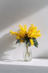 Blooming yellow mimosa flowers in glass vase with soft shadows