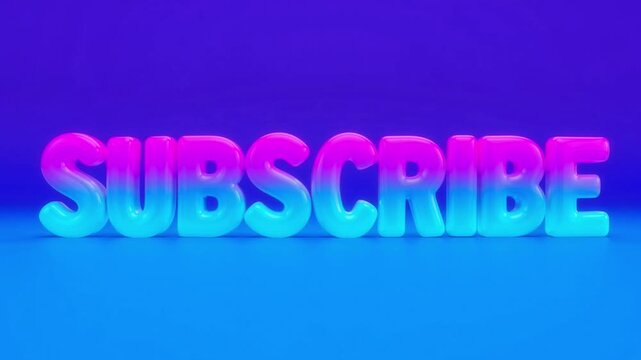 Glossy neon 3D letters bounce to form SUBSCRIBE wordmark on blue surface against purple background Social media graphic