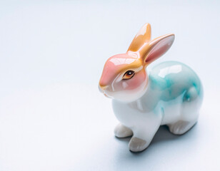 Porcelain Easter bunny figurine on pastel spring background with soft light. Charming seasonal decoration perfect for greeting cards, holiday marketing and home decor themes.