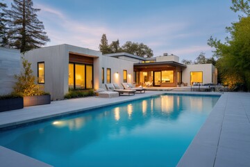 Fototapeta premium Modern luxury home with illuminated pool at dusk