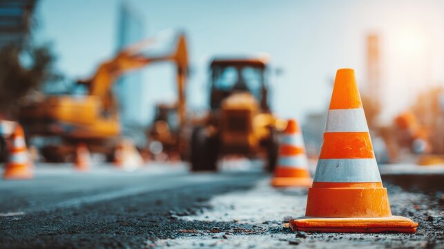 Orange traffic cones and heavy machinery on a city street during road construction