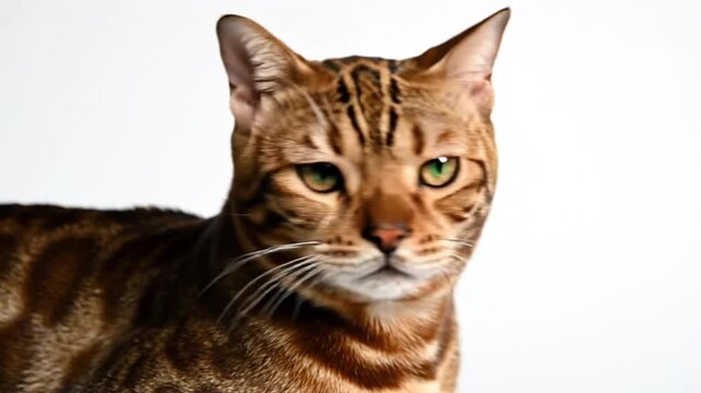 A closeup showcases a Bengal cat emphasizing its patterned fur green eyes and focused gaze against a white backdrop
