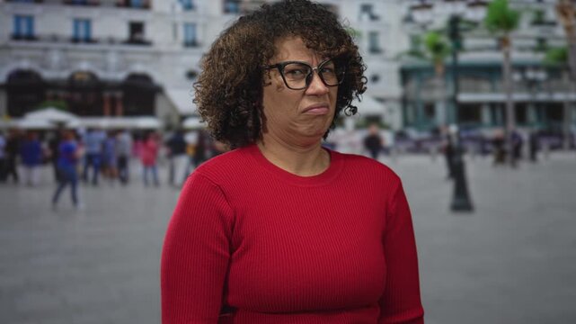 Woman in red sweater raising hands and wrinkling nose in crowded street plaza with blurred pedestrians; disgust.