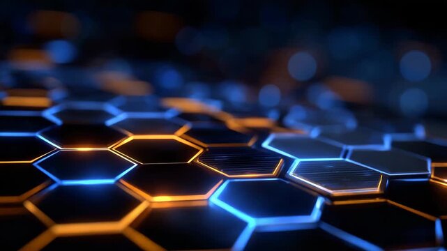 30Futuristic 3D hexagonal grid background in deep black with electric blue and vivid orange accents, layered geometric tiles with subtle extrusion depth, glossy and matte surface con