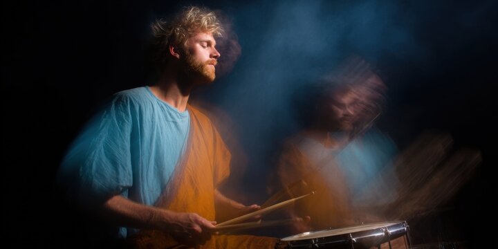 Young caucasian male drummer in motion with dramatic lighting