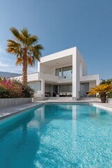 Fototapeta premium Modern white villa with pool and palm tree in sunny setting
