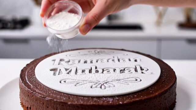 Dusting chocolate cake with powdered sugar using a Ramadan Mubarak stencil for religious holiday