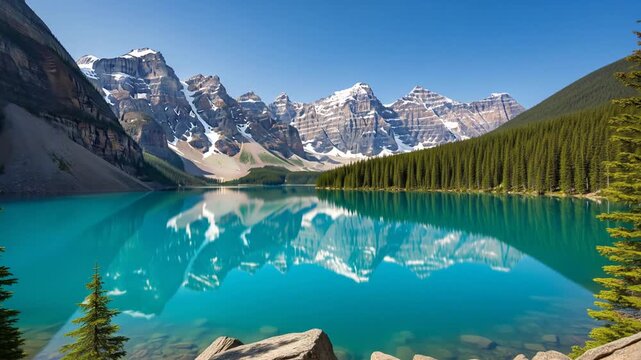 Moraine Lake in Banff National Park, Canada, with stunning turquoise water and snow-capped mountains reflecting on its surface under a clear blue sky.