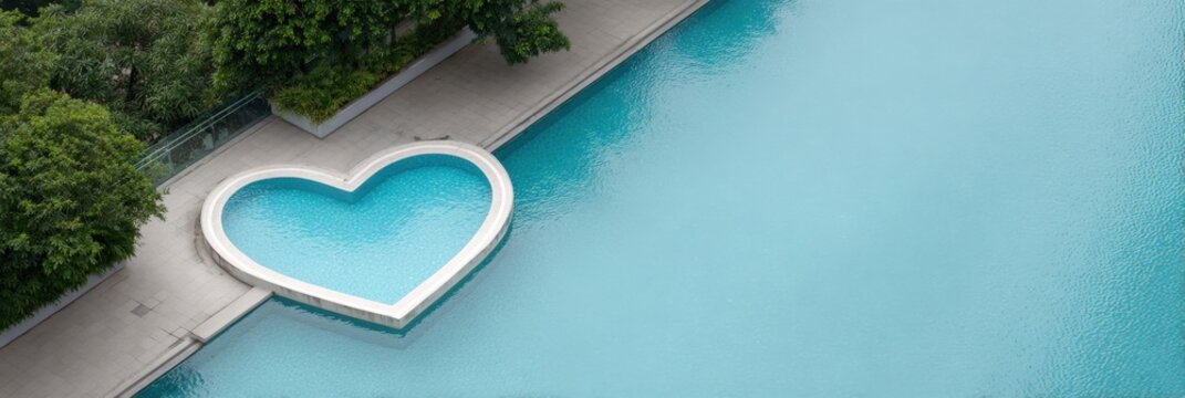 Heart-shaped pool adjoining large swimming pool in lush urban setting