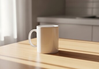 Fototapeta premium White ceramic mug on a wooden tray in a bright room