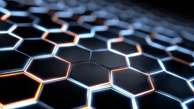 43Minimalist yet bold 3D hexagonal composition with black geometric panels, thin glowing blue lines and subtle orange highlights tracing the edges, soft vignette and controlled studi