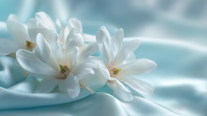Fototapeta premium Elegant White Magnolia Blossoms on Soft Blue Silk Fabric, Evoking Luxury and Serenity for Spa, Beauty Concepts