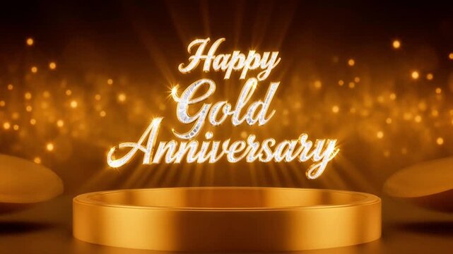 Golden animation reveals sparkling Happy Gold Anniversary text on luxury pedestal