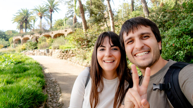 Romantic couple enjoying Parc Guell in Barcelona