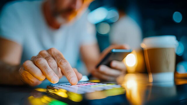 Hands setting up passkeys on a smartphone at a clean desk with coffee and warm bokeh lights, secure passwordless authentication concept