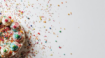 Obraz premium Decorated cupcakes on a plate with scattered colorful sprinkles on white