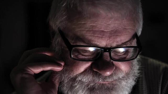 Human in glasses with gray hair and beard filled with gloomy thoughts